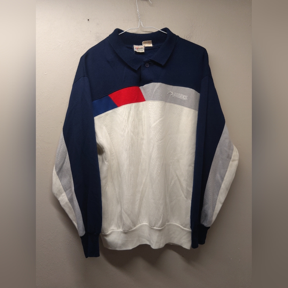 Vintage Brooks Colorblock Fleece Sweatshirt Navy White Red Gray Pullover Polo S